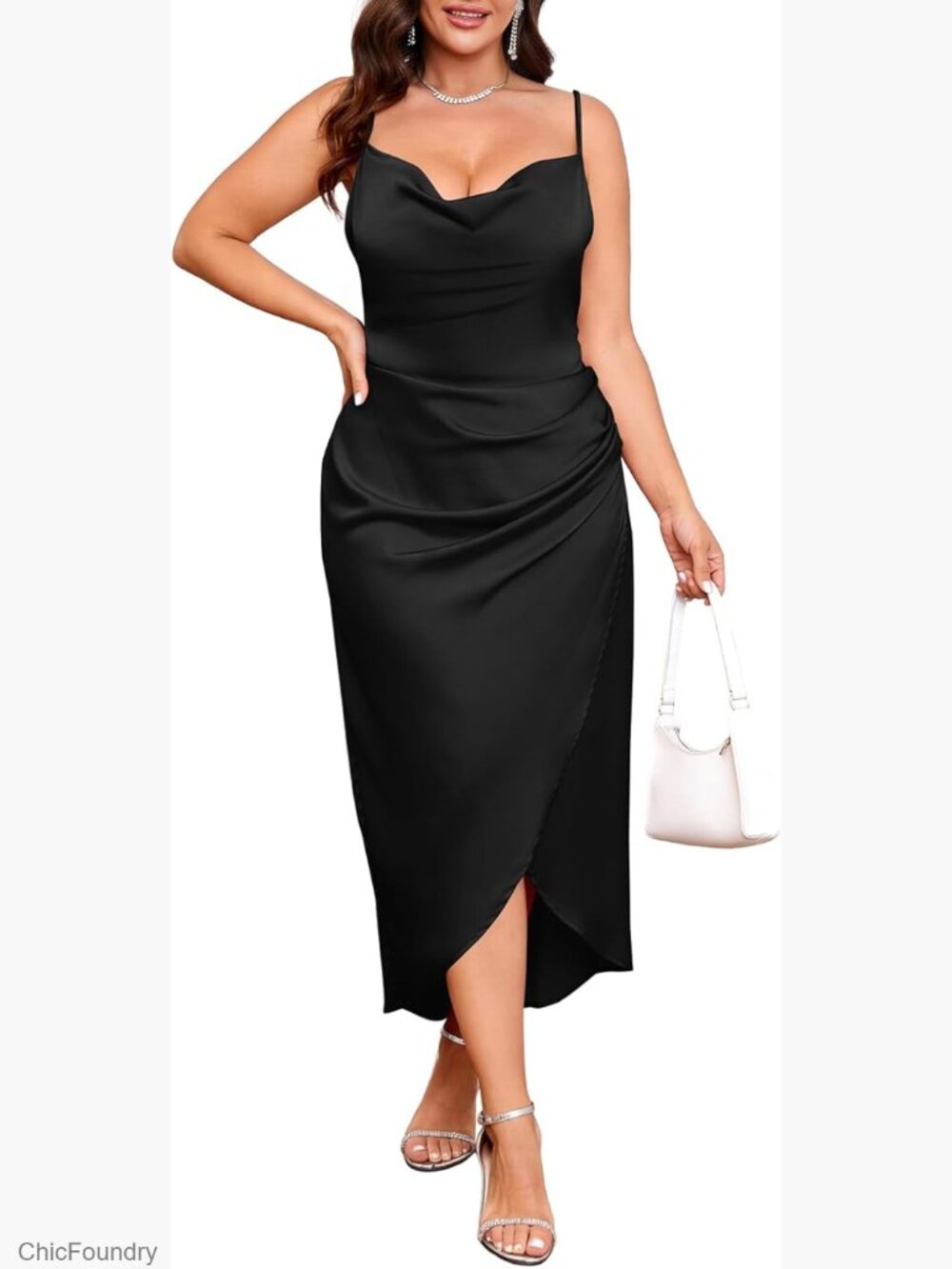 Plus Size Satin Cowl Neck Dress - Spaghetti Strap Ruched Wrap Midi Party Dress